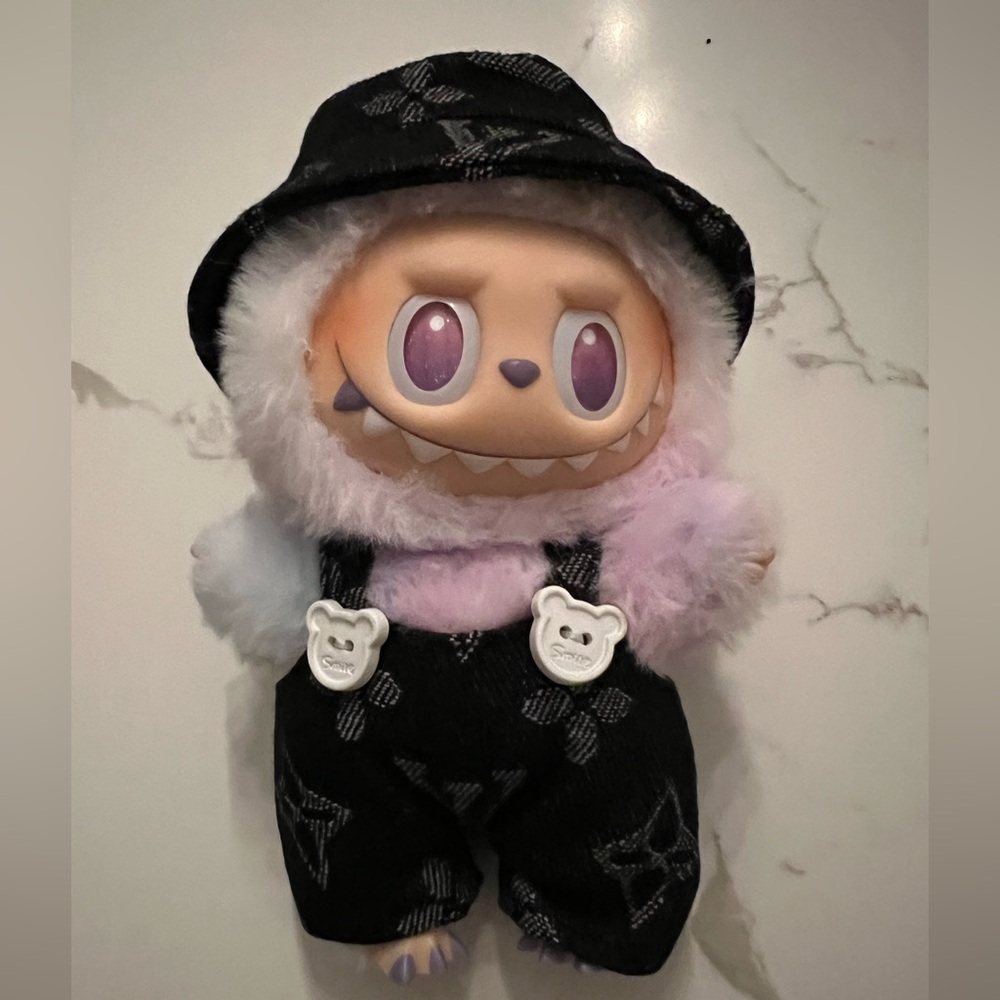 Plush Monster Doll in Pastel Pink and Black Bucket Hat